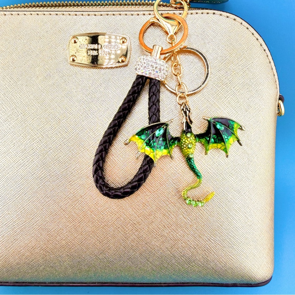 🐉 FLYING DRAGON Keychain Bag Charm Gold-Tone Hardware Rhinestones, Blue or Green